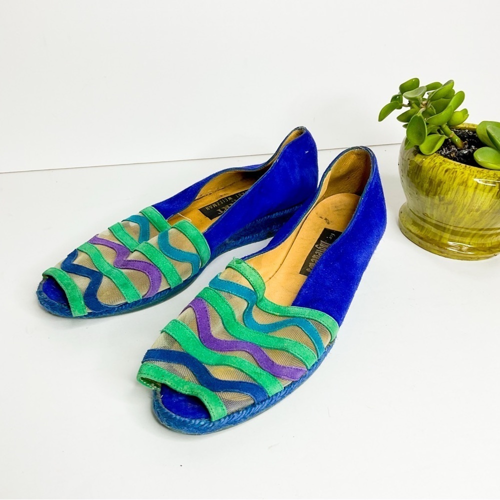 STUART WEITZMAN Vintage Peep-Toe Espadrille Flats Blue Green Abstract Size 8
